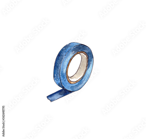 Watercolor illustration.tools for home repair on the inside, insulating tape. Isolated on a white background