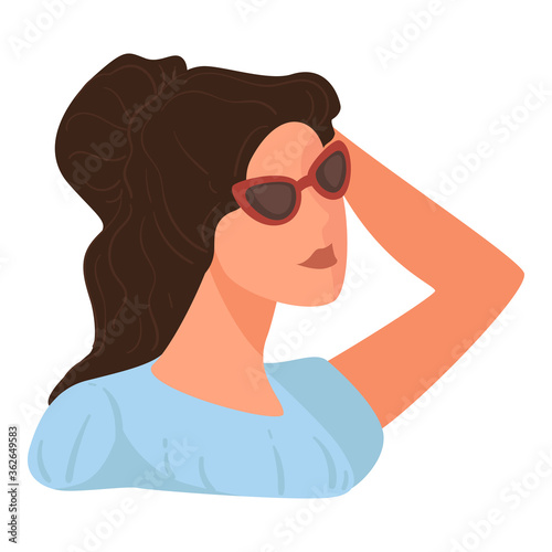 Stylish brunette female character wearing sunglasses in summer