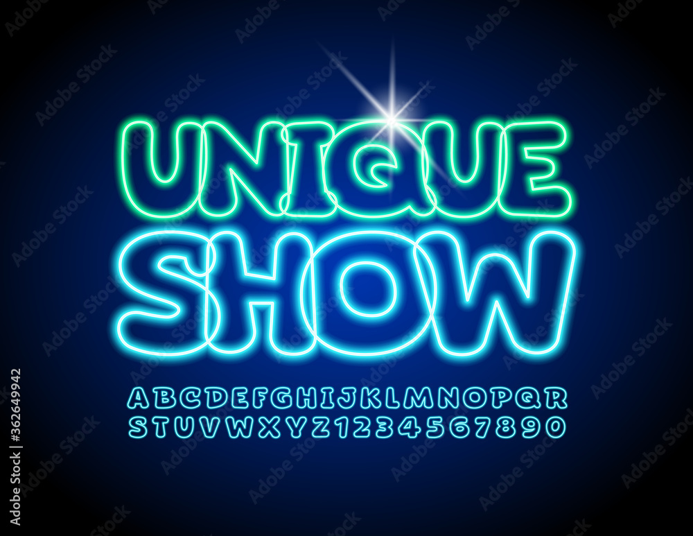 Vector bright banner Unique Show with Neon blue Font. Glowing comic Alphabet Letters and Numbers Vector bright banner Unique Show with Neon blue Font. Glowing comic Alphabet Letters and Numbers