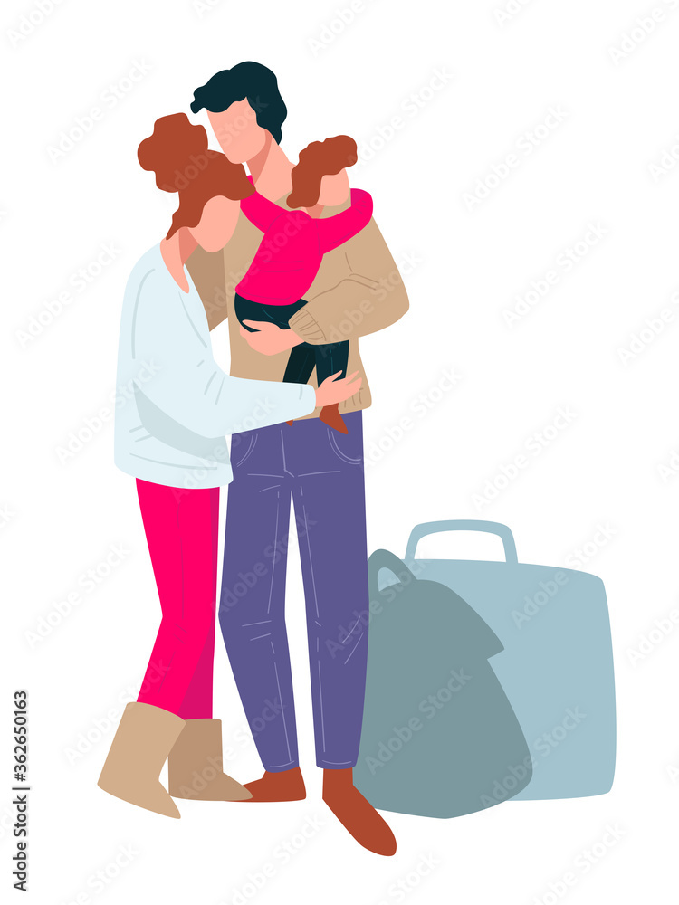 Family members hugging, traveling people going on trip Family members hugging, traveling people going on trip
