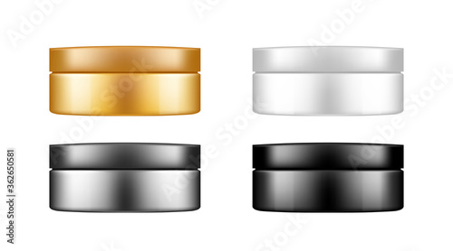 Set of white, silver, gold and black cosmetic jar with cap mockup: lotion, cream, mousse, powder. Plastic package design. Blank hygiene, medical, body or face care template. 3d vector illustration