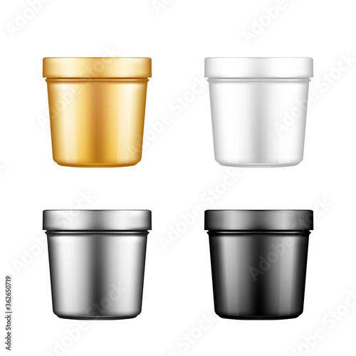 Set of white, silver, gold and black plastic bucket mockup: ice cream, butter or yogurt container. Package design for branding. Blank food, beauty product template. 3d realistic vector illustration