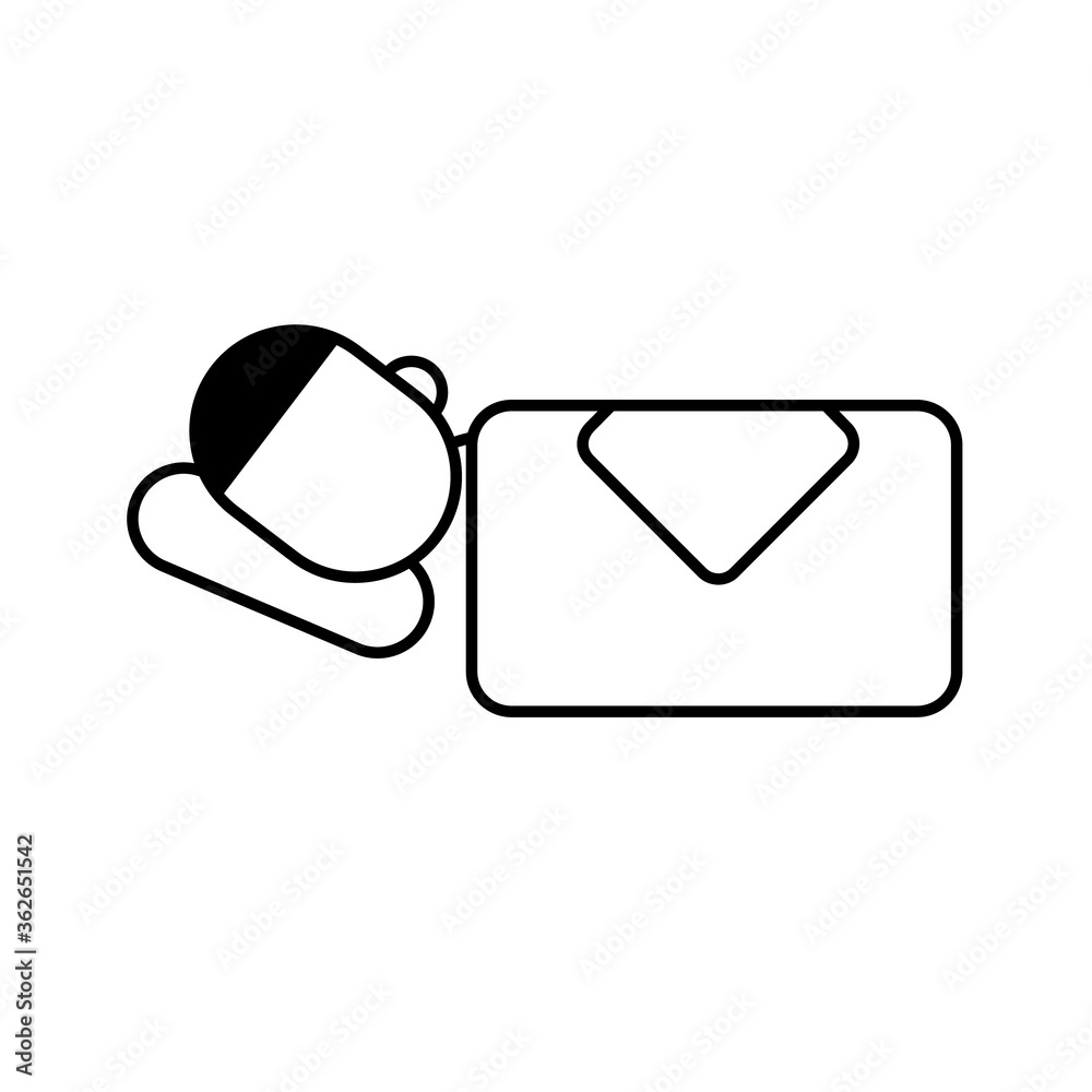 Man laying in bed, minimal black and white outline icon. Flat vector illustration. Isolated on white background. Man laying in bed, minimal black and white outline icon. Flat vector illustration. Isolated on white background.