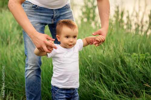 First steps: father supporting toddler son, making first steps in high grass outdoors. Parental support, family relationships and dad and little spending time together concept. Copy space