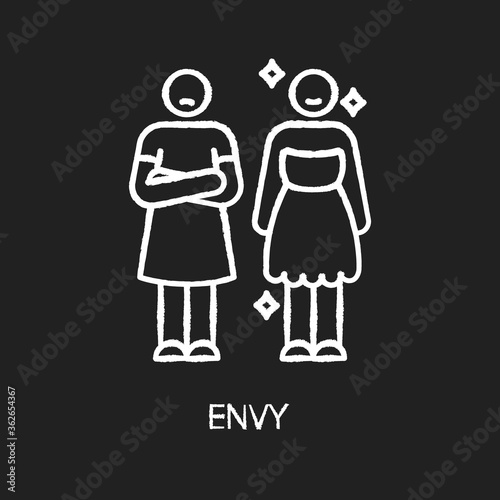 Envy chalk white icon on black background. Negative emotion, human feeling, bad personality trait. Jealousy, mental displeasure. Happy and envious person isolated vector chalkboard illustration
