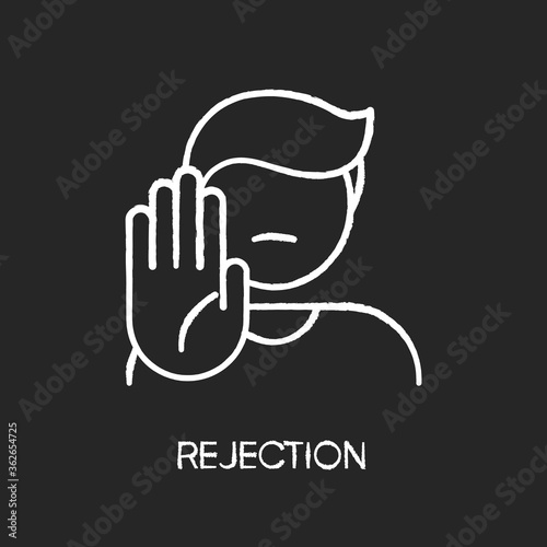 Rejection chalk white icon on black background. Negative response, denial, offer refusal. Forbiddance, displeasure and disapproval. Person showing stop gesture isolated vector chalkboard illustration