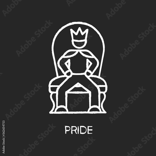 Pride chalk white icon on black background. Arrogant behaviour, feeling of self importance. High minded, haughty temperament. Proud person sitting on throne isolated vector chalkboard illustration