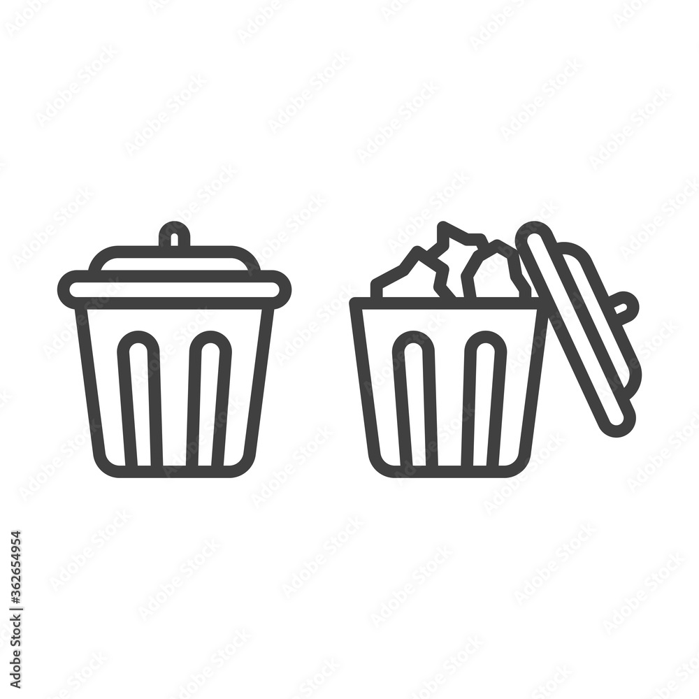 Icon of open and closed trash can. Minimalistic image of an empty and full trash bin. Linear vector isolated on white background. Icon of open and closed trash can. Minimalistic image of an empty and full trash bin. Linear vector isolated on white background.