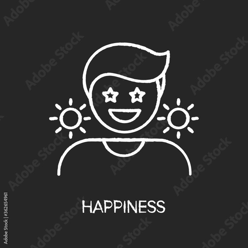Happiness chalk white icon on black background. Positive mindset, optimistic lifestyle. Emotional reaction, good mood, feeling of joy.. Happy, cheerful person isolated vector chalkboard illustration