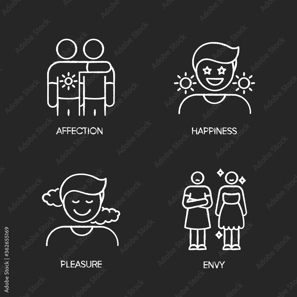 Positive and negative emotions chalk white icons set on black background. Human feelings, emotional behaviour, mood. Affection, happiness, pleasure and envy. Isolated vector chalkboard illustrations
