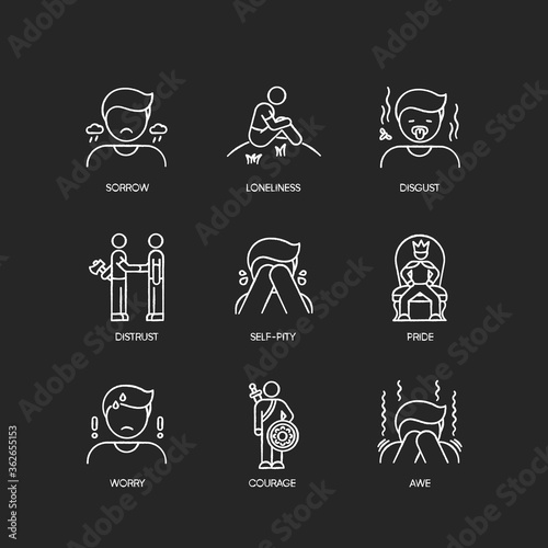 Negative feelings chalk white icons set on black background. Bad emotions, psychological states. Human behaviour, reactions and emotional expressions. Isolated vector chalkboard illustrations