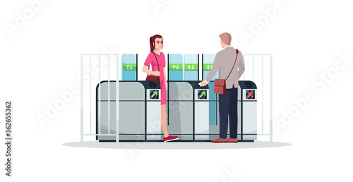 People using public transport semi flat RGB color vector illustration. Commuting to work. Subway, metro, train station automatic entrance. Isolated cartoon characters on white background