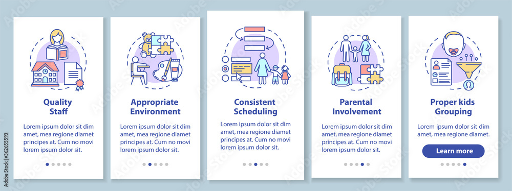Kindergarten effectiveness components onboarding mobile app page screen with concepts. Quality staff. Walkthrough 5 steps graphic instructions. UI vector template with RGB color illustrations