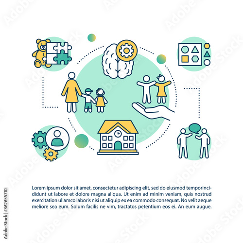 Kindergarten concept icon with text. Childcare center. Children development. Childhood. PPT page vector template. Brochure, magazine, booklet design element with linear illustrations