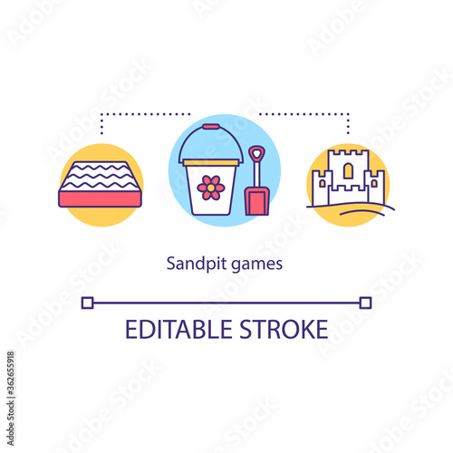 Sandpit games concept icon. Toddlers outdoors activities with sand. Recreation. Sensory learning idea thin line illustration. Vector isolated outline RGB color drawing. Editable stroke
