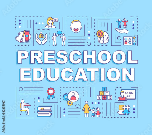 Preschool education word concepts banner. Early childhood. Toddlers growth. Infographics with linear icons on blue background. Isolated typography. Vector outline RGB color illustration