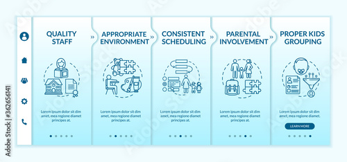 Daycare center effectiveness components onboarding vector template. Kindergarten. Toddlers development. Responsive mobile website with icons. Webpage walkthrough step screens. RGB color concept