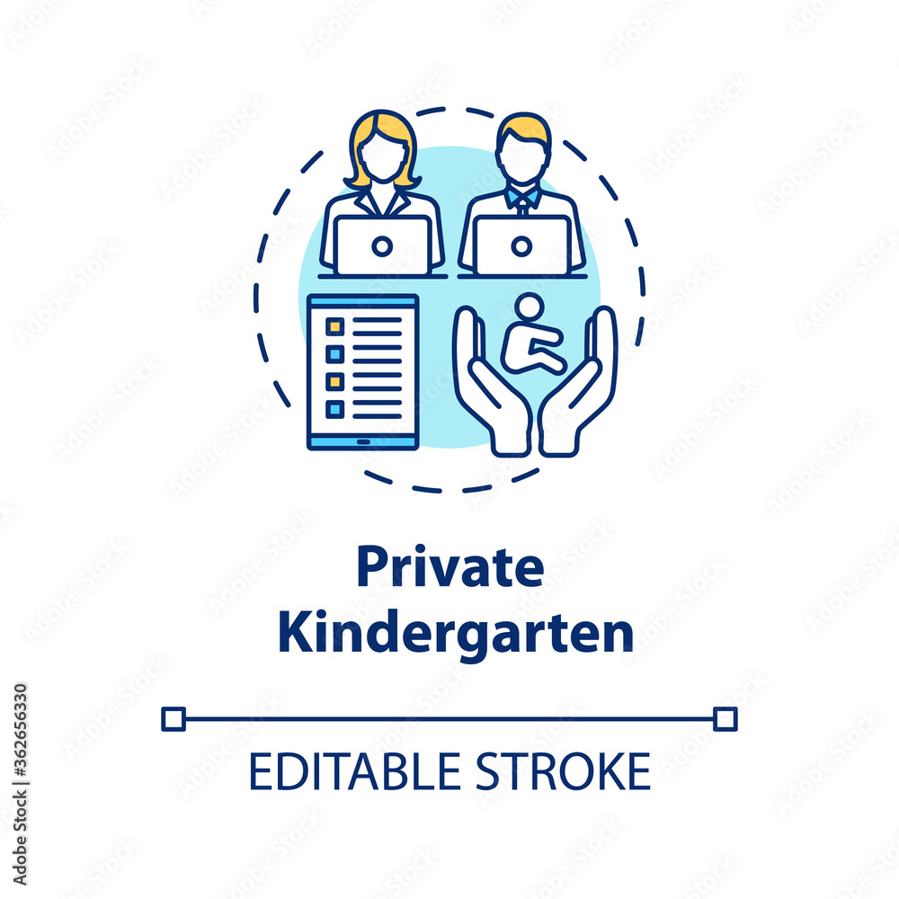 Private kindergarten concept icon. Early childhood education. Child care. Toddlers preschool center idea thin line illustration. Vector isolated outline RGB color drawing. Editable stroke