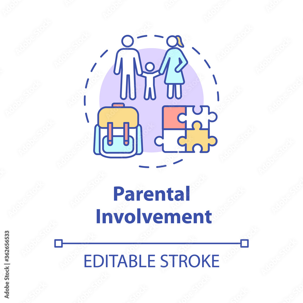 Parental involvement concept icon. Early childhood. Parenting. Parents engagement in child education idea thin line illustration. Vector isolated outline RGB color drawing. Editable stroke