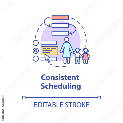 Consistent scheduling concept icon. Baby care centers and teachers. Kindergarten caretaker and guidance idea thin line illustration. Vector isolated outline RGB color drawing. Editable stroke