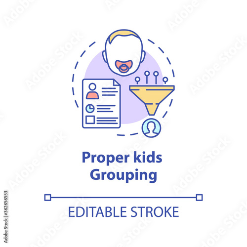 Proper kids grouping concept icon. Social interaction. Socialization skills. Children groups by abilities idea thin line illustration. Vector isolated outline RGB color drawing. Editable stroke