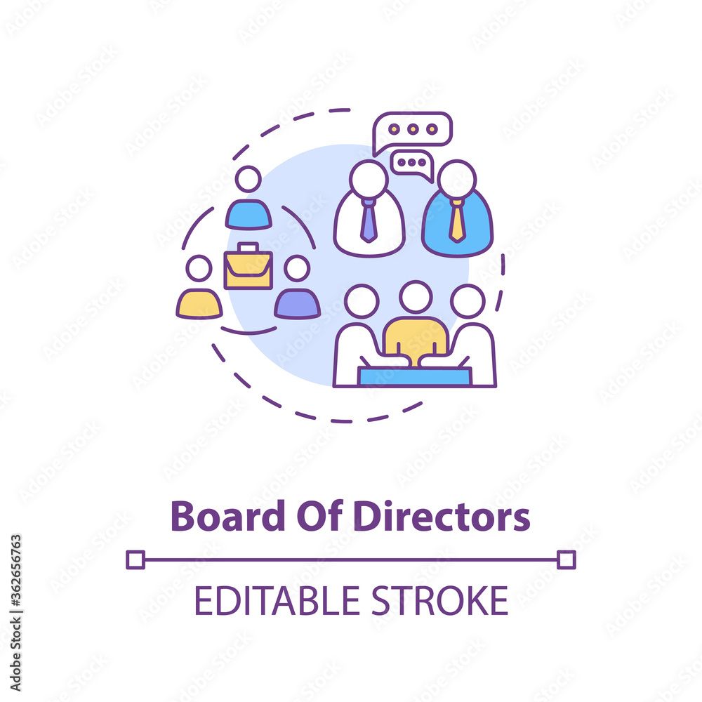 Board of directors concept icon. Corporation members. Company CEO. Business management. Shareholders idea thin line illustration. Vector isolated outline RGB color drawing. Editable stroke