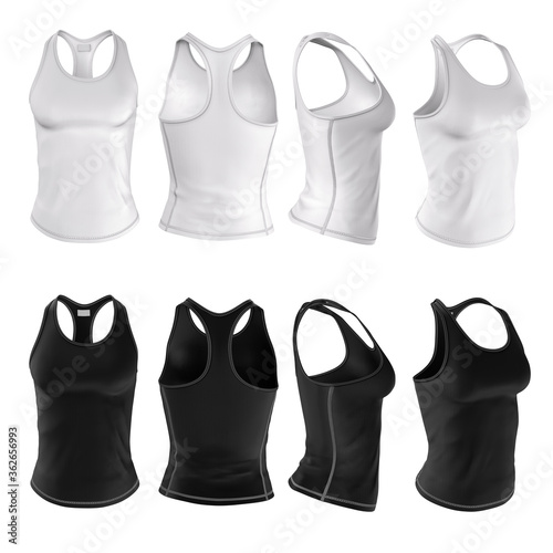 Sports women's singlet of white and black. Front, back, side view. Underwear. Sportswear set. Mockup for design and branding. Blank clean template. 3d illustration isolated on white background.