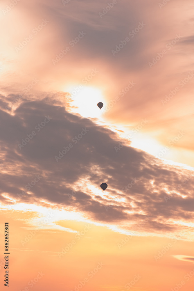 Two balloons on a background of pink sunset and clouds