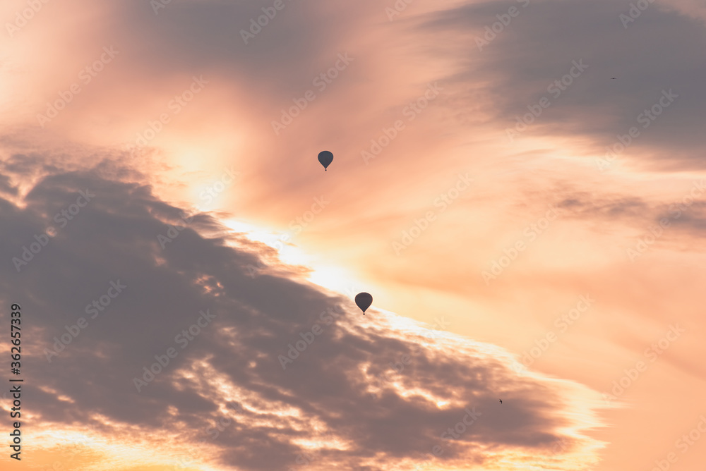 Two balloons on a background of pink sunset and clouds