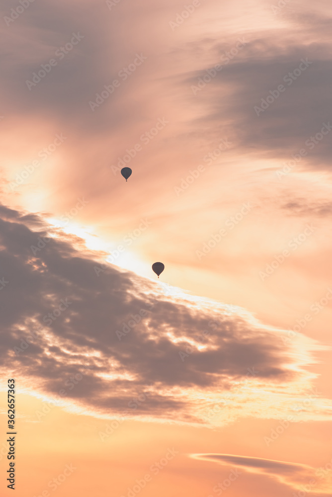 Two balloons on a background of pink sunset and clouds