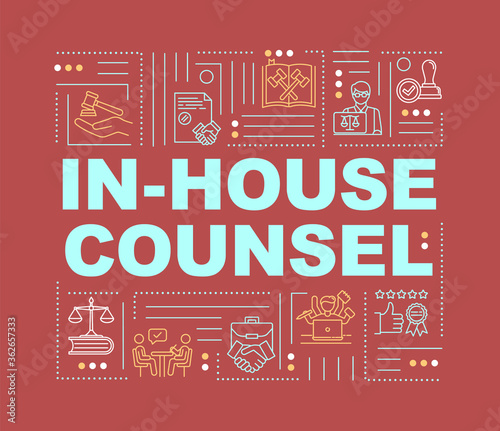 In house lawyer word concepts banner. Legal counsel. Advocate services. Infographics with linear icons on red background. Isolated typography. Vector outline RGB color illustration