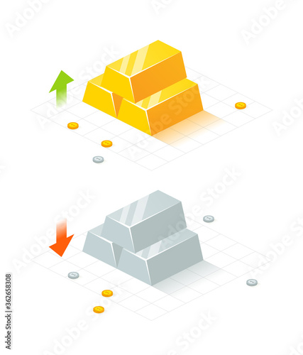 Isometric vector illustration of gold and silver bars, coins on white background. Gold and silver rate indicators with up and down arrows