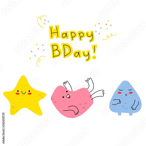 Hand-drawn funny tiny doodles-monsters with thin handles. Birthday greeting card. Funny smiling emoticons on their faces. Fashionable colorful illustration for children. Stock vector illustration
