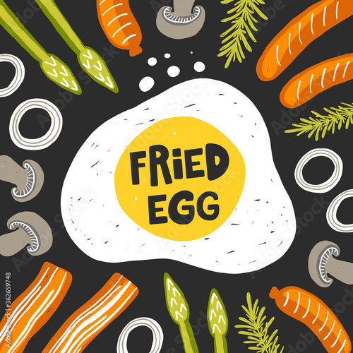 Fried egg banner template. Omelette product silhouette with breakfast products. Grunge stylized lettering with bacon, sausage, mushroom, onion. Fast cooking meal, menu poster design element