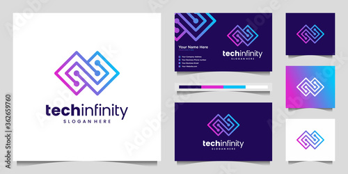 Creative tech infinity line. Modern Infinity Symbol, Technology dot, Premium logo design and business card vector.