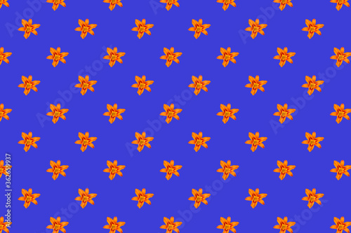 Lily flowers seamless pattern isolated on blue background