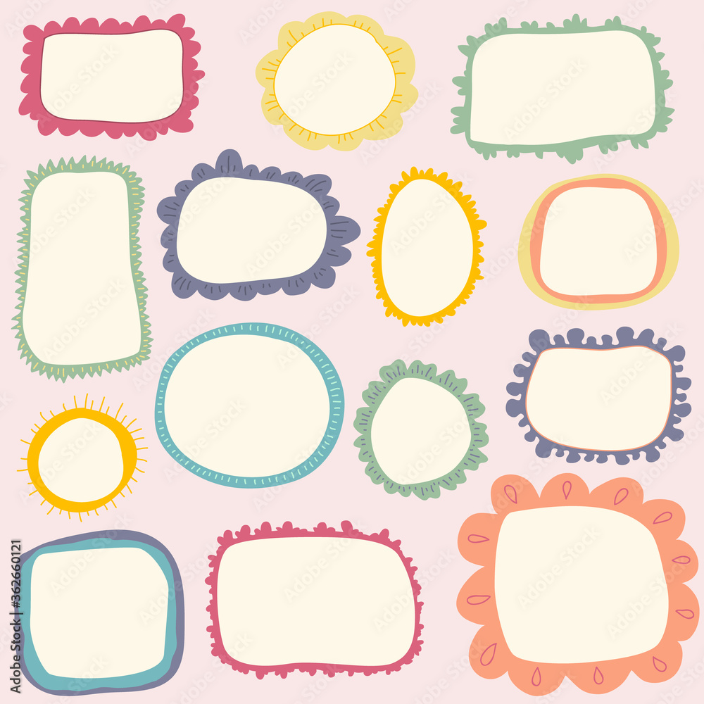 Hand drawn cute frames set. Cartoon style. Vector elements in pastel colors.
