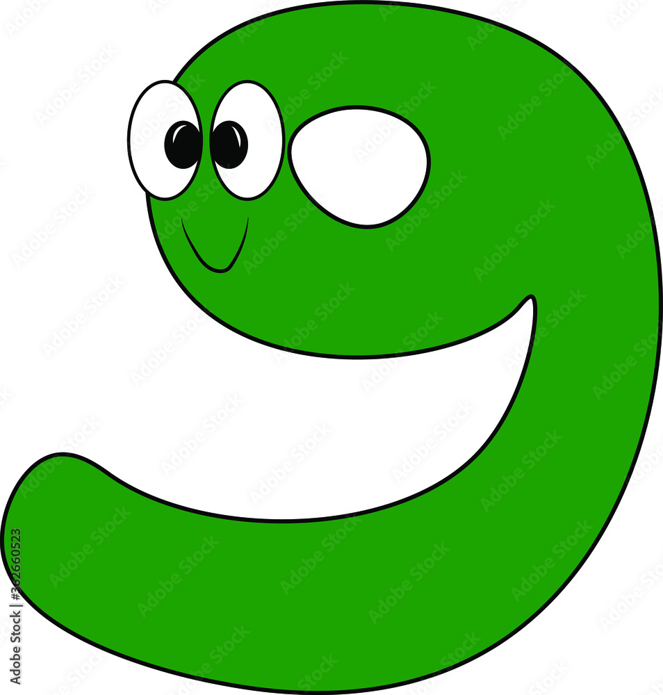 Funny children's colorful bright Alphabet. Arabic numerals. Figure 9. Funny round surprised eyes. Friendly image. Curiosity. A humorous kind image
