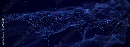 Dynamic particles wave. Blue dots on black background. Digital landscape. 3d rendering. Big data visualization 3D. Futuristic backdrop for design, wallpaper.