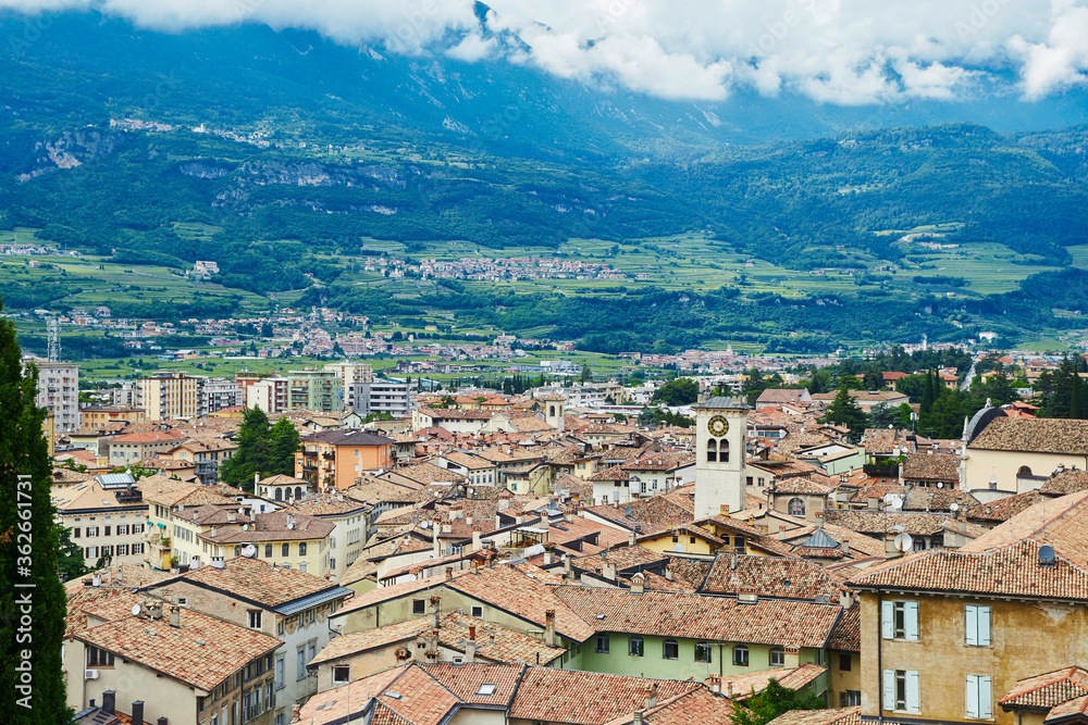 Top down italian old town classic city view with italian traditional roof tile — Rovereto city, Trentino, Italy