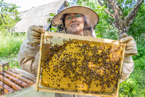 Foto Woman beekeeper holding frame with bees in her hands
