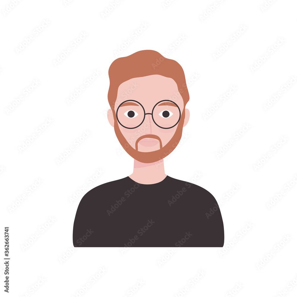cartoon hipster man wearing round glasses, flat style cartoon hipster man wearing round glasses, flat style