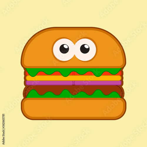 Burger face. Flat burger and eyes on the top shelf. AI hamburger face icon.
