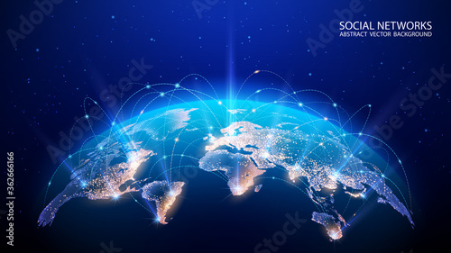 Fototapeta Naklejka Na Ścianę i Meble -  Vector. Map of the planet. World map. Global social network. Future. Blue futuristic background with planet Earth. Internet and technology. Floating blue plexus geometric background.
