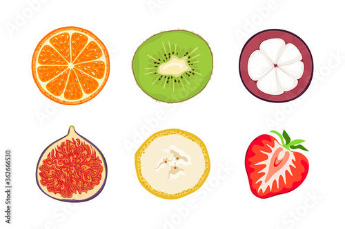 Fruit slices isolated on white. Vector illustration of orange, kiwi, mangosteen, fig, banana and strawberry in cartoon flat style.