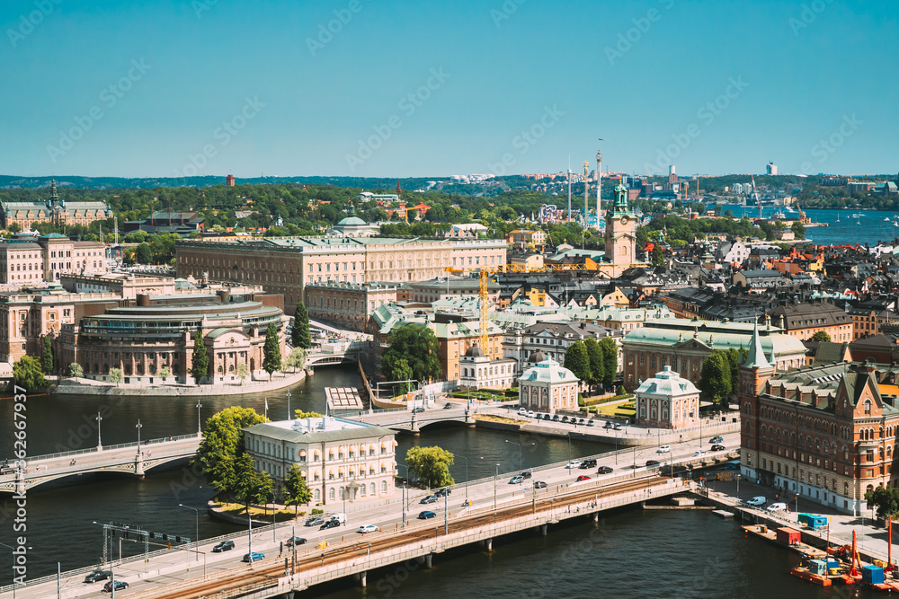 Stockholm, Sweden. Great Church In Cityscape Skyline. Elevated View Of City Center