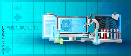 Medical diagnostics center healthcare banner with microscope, x-ray, PC display, brain, flipchart. Vector clinic concept in blue colors with test tubes, MRI scan, roentgen image, icons