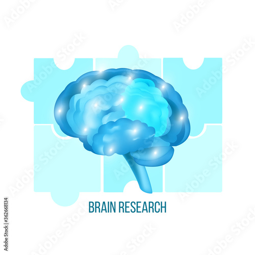 Brain research medical illustration with neurons isolated on white. Science vector banner with blue puzzle elements. Artificial intelligence technological concept