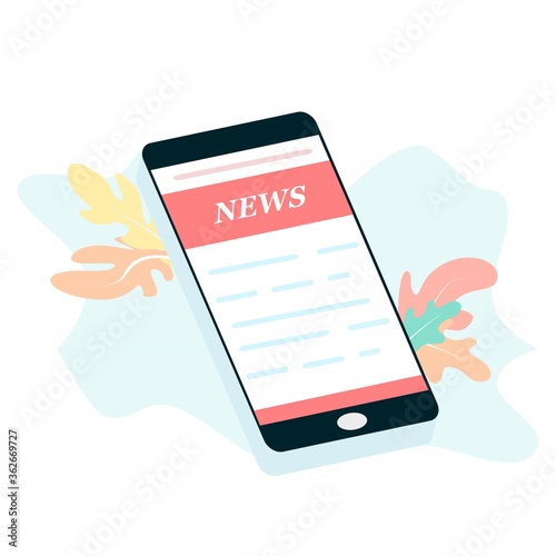 Global data sharing concept vector illustration using mobile smartphone to see posts and news in social networks. Flat smart phone to see news. Read digital content, internet newspaper on mobile apps.