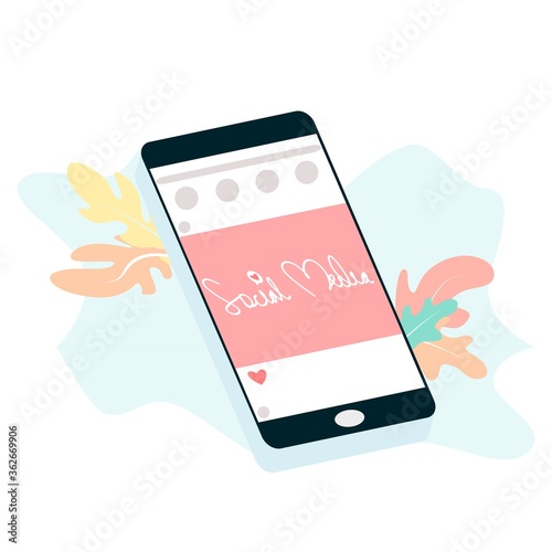 Global data sharing concept vector illustration using mobile smartphone to see posts in social networks. Flat smart phone of social media marketing content or ads on mobile. Vector flat illustration.